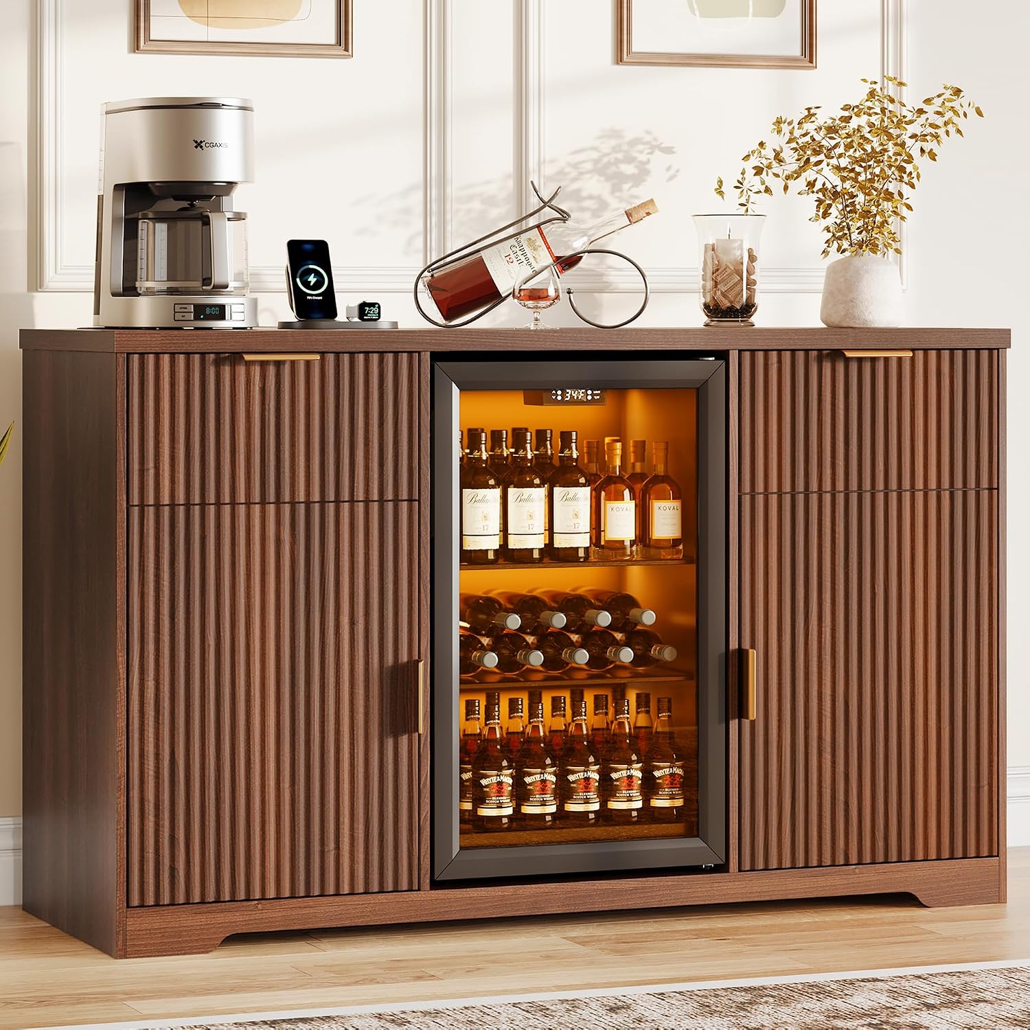 Home Bar And Fridge - 55-Zoll-Kaffeebarschrank mit Ladestation & Kühlfach, Weinregal-Buffet