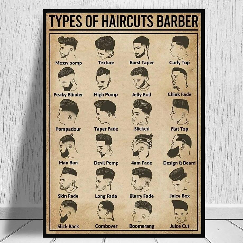 Home Barber - Retro-Friseurposter und Leinwanddruck mit Haarschnitt-Motiven, Vintage-Wandkunst