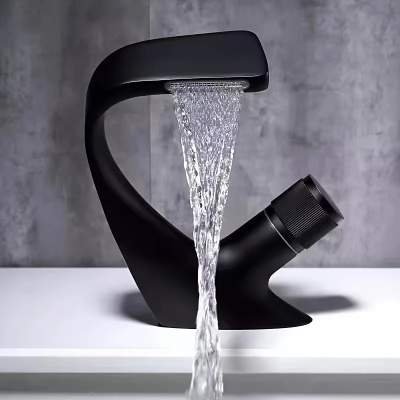 Home Bar Sink - Schwarzer Wasserfall-Waschtischarmatur aus Kupfer, Warm- und