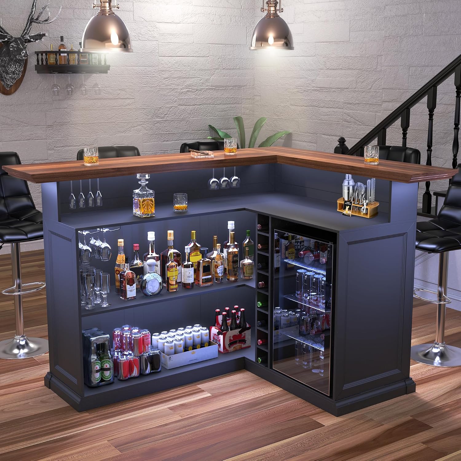 Home Bar And Fridge - L-förmiger Hausbarschrank mit Kühlschrankfach, Übergroßer Kellerbar